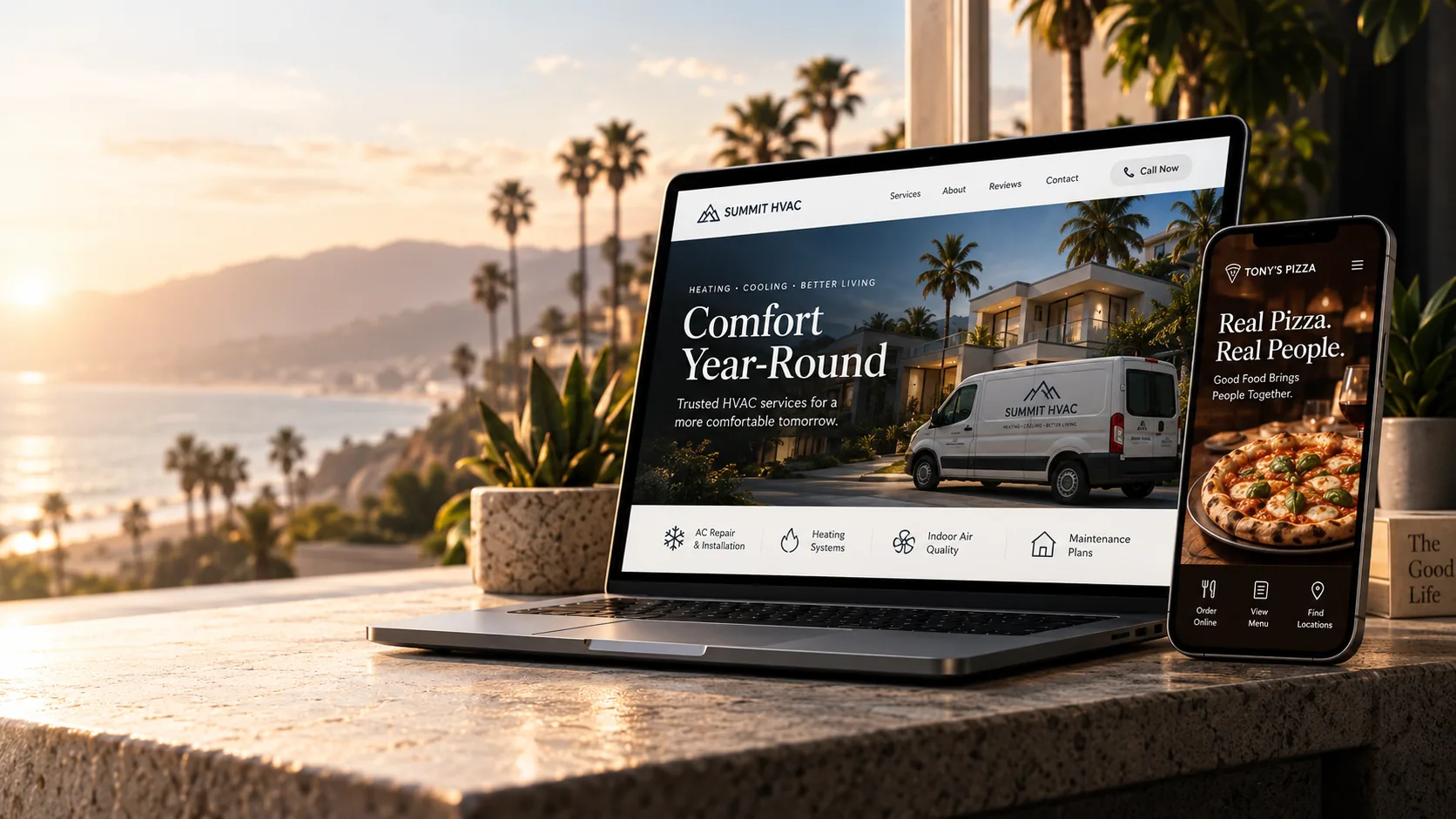 Laptop and phone showing a home services website and a pizza restaurant website on a sunny San Diego terrace