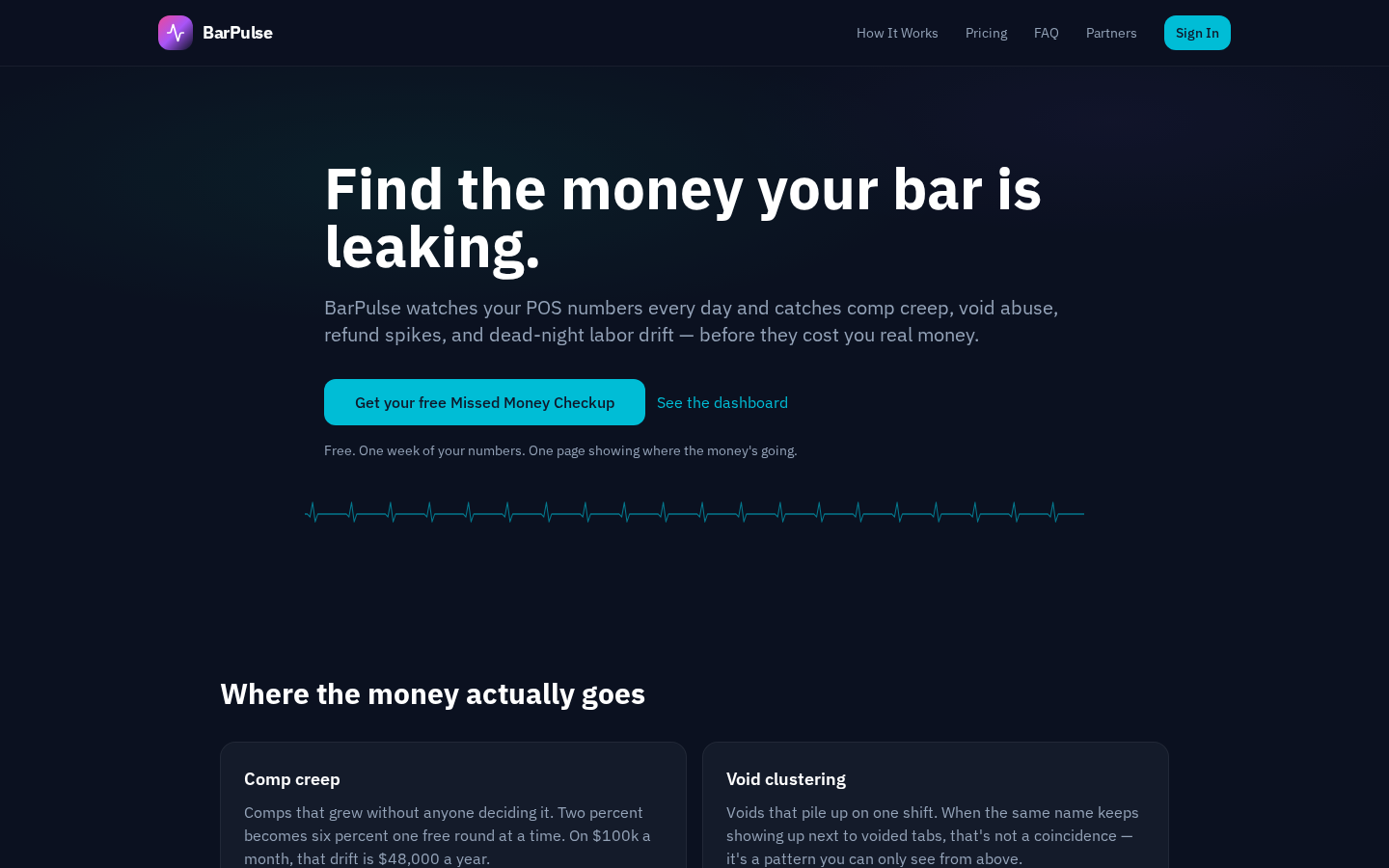 Screenshot of the BarPulse hospitality operations platform website
