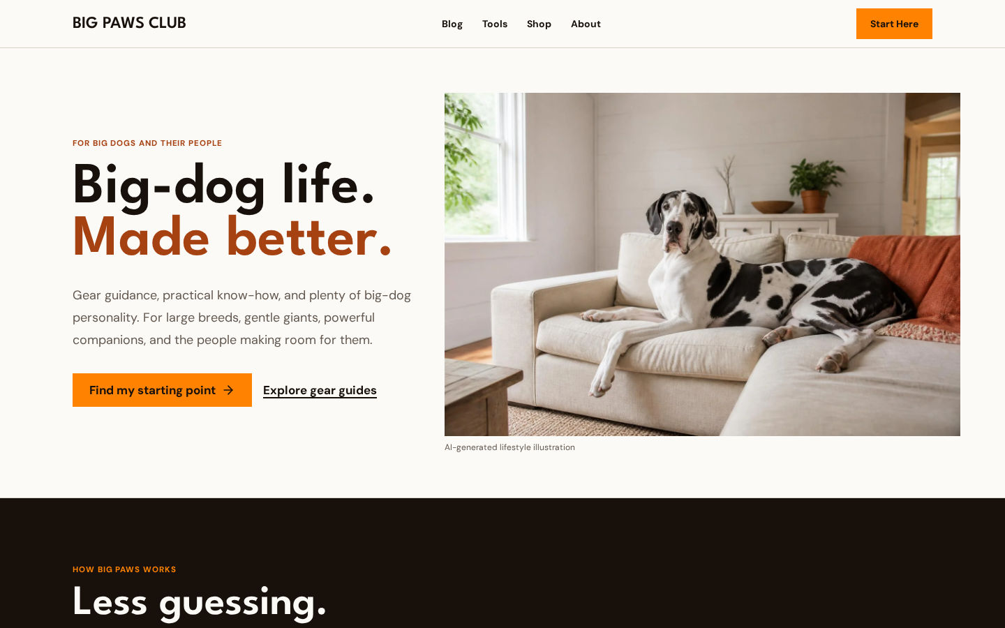Screenshot of the Big Paws Club editorial and lifestyle website
