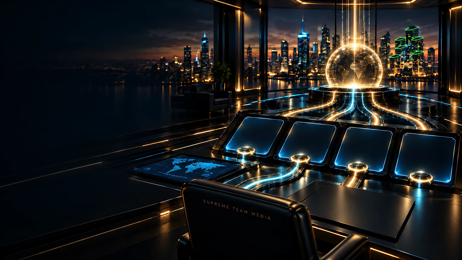 A Supreme Team Media chair at a command desk with four glowing screens wired to a glowing globe, overlooking a city at night