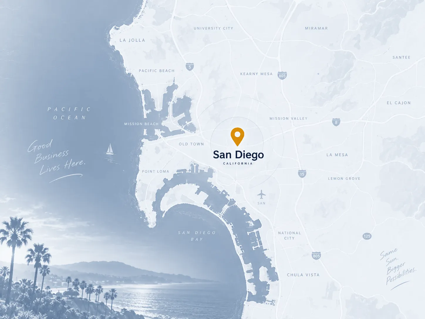 A light blue-grey map of San Diego with a gold pin on downtown, the coast and palm trees at the lower left