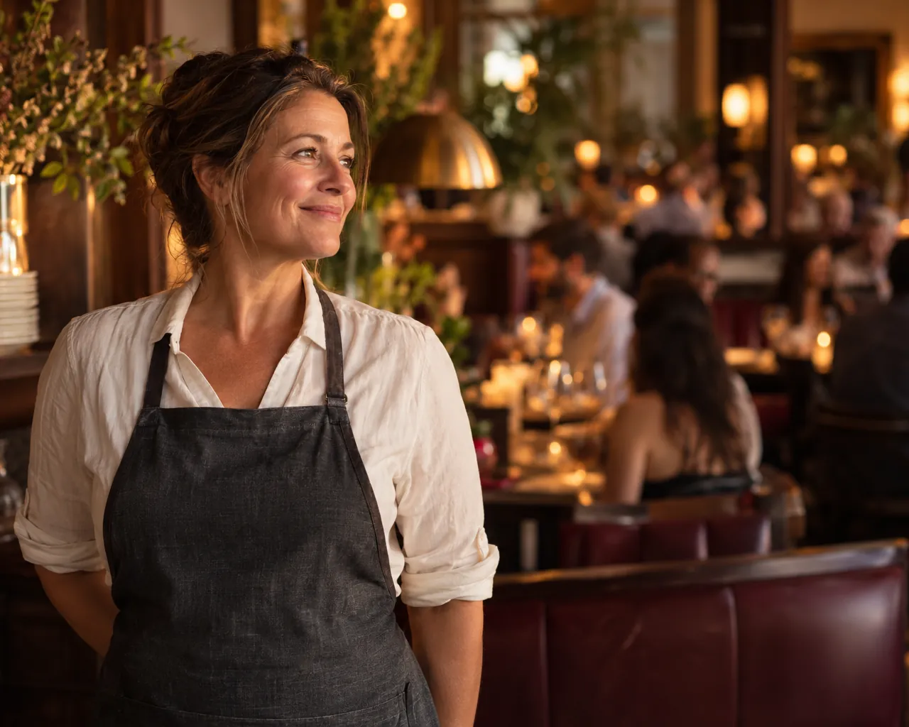 A restaurant owner smiling as she looks over her full dining room