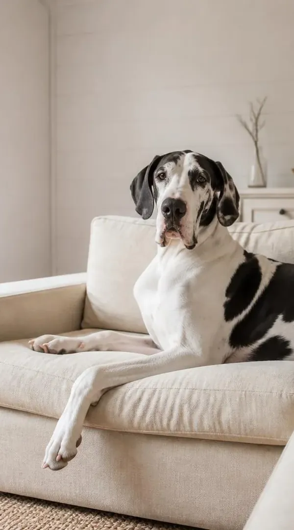 A Great Dane lounging on a white couch in a bright living room