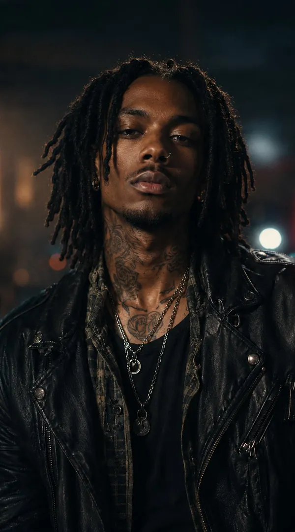 Kario Voss in a black leather jacket against blurred city lights at night