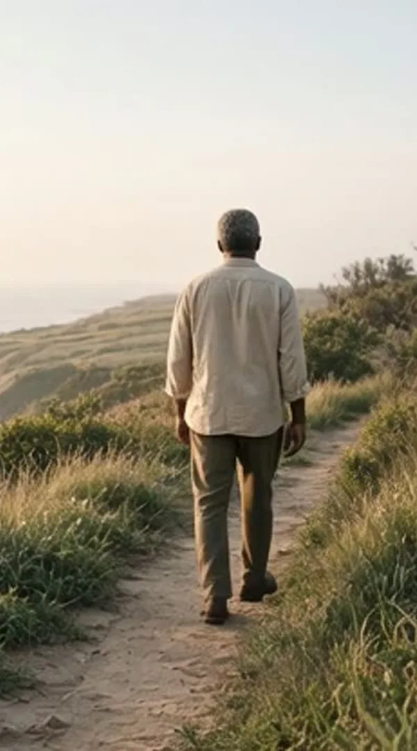 A man walking a grassy coastal trail above the ocean in early morning light