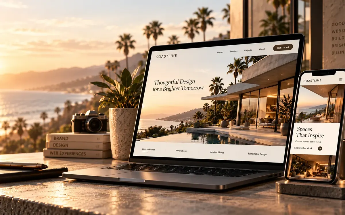 Laptop and phone showing a custom home builder's website on a coastal terrace at sunset