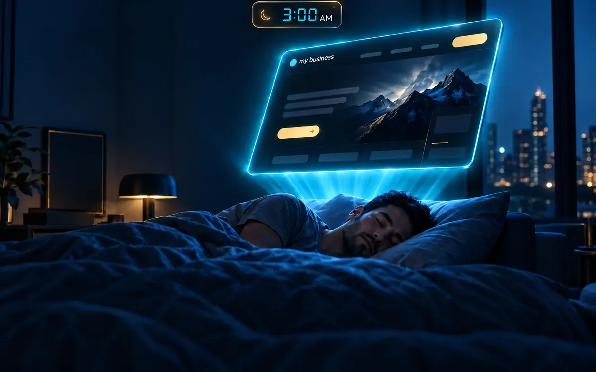 A business owner asleep at 3:00 AM while his glowing website floats above the bed